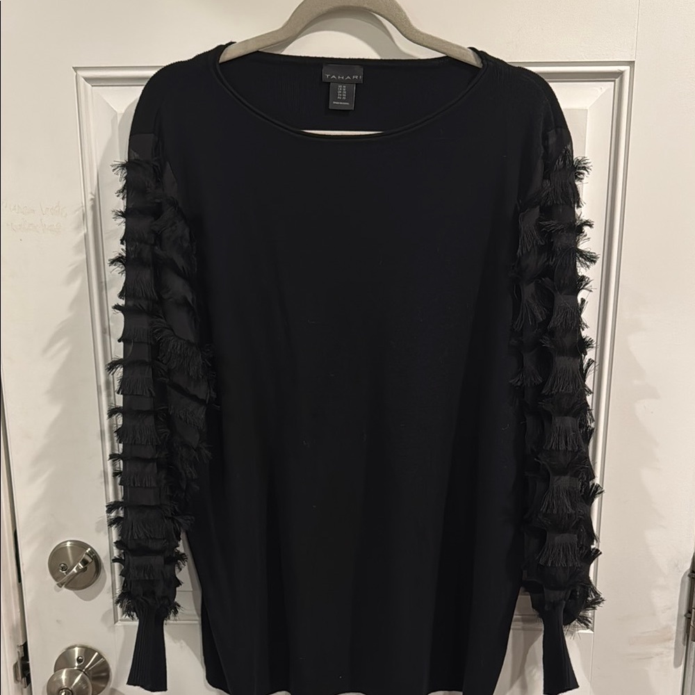 Tahari Black Sweater with Fringe Sleeves